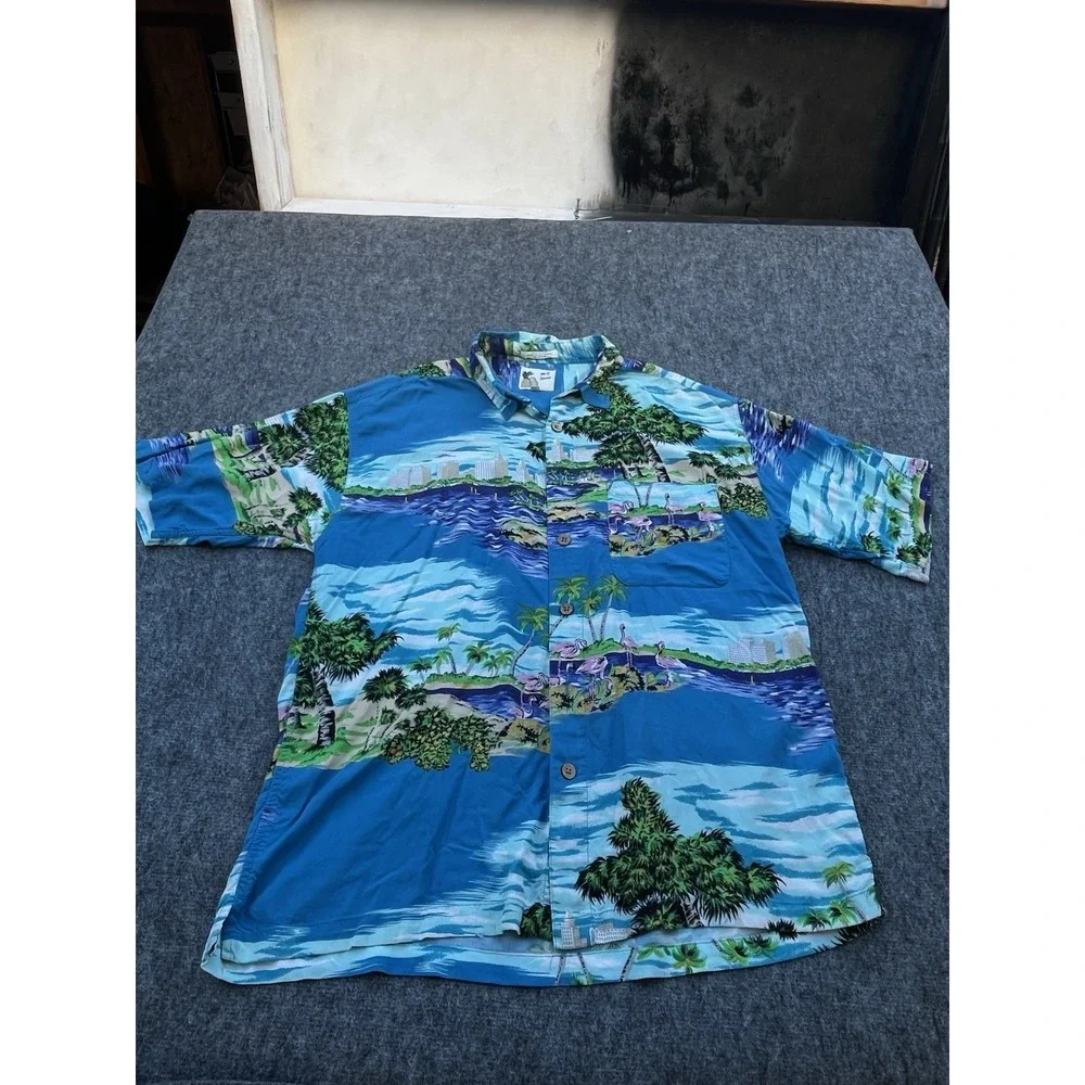 VTG Mens XL Hawaiian M. E. Sport Tropical Button Front Shirt Birds Skyline Rayon